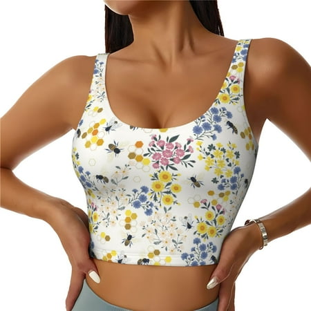 Jgfou Wildflower Honeybee Print Womens Sports Bra - Padded Workout Sports Bras Crop Tank Top