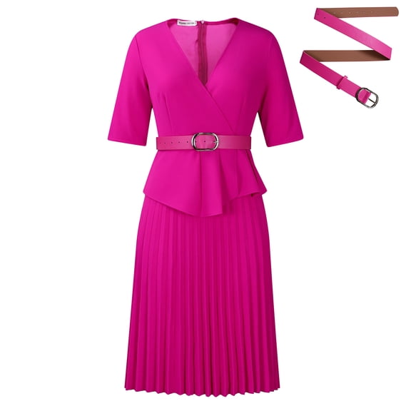 AURA Plus Size V Neck Pleated A Line Midi Dress High Waist Elegant Summer 2024 Office African Style Dress with Belt