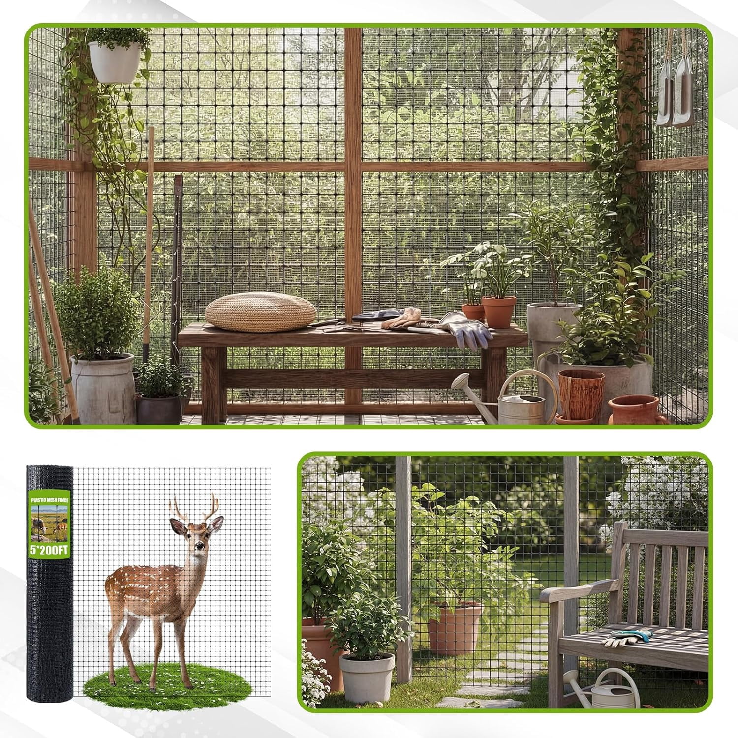 5x200ft (50gsm) Deer and Animal Fence Barrier Netting with 100 Zip Ties, Plastic Heavy Duty Mesh Fence Barrier, Ideal for Garden Netting, Against Bird, Fruit Plant Protection, Black