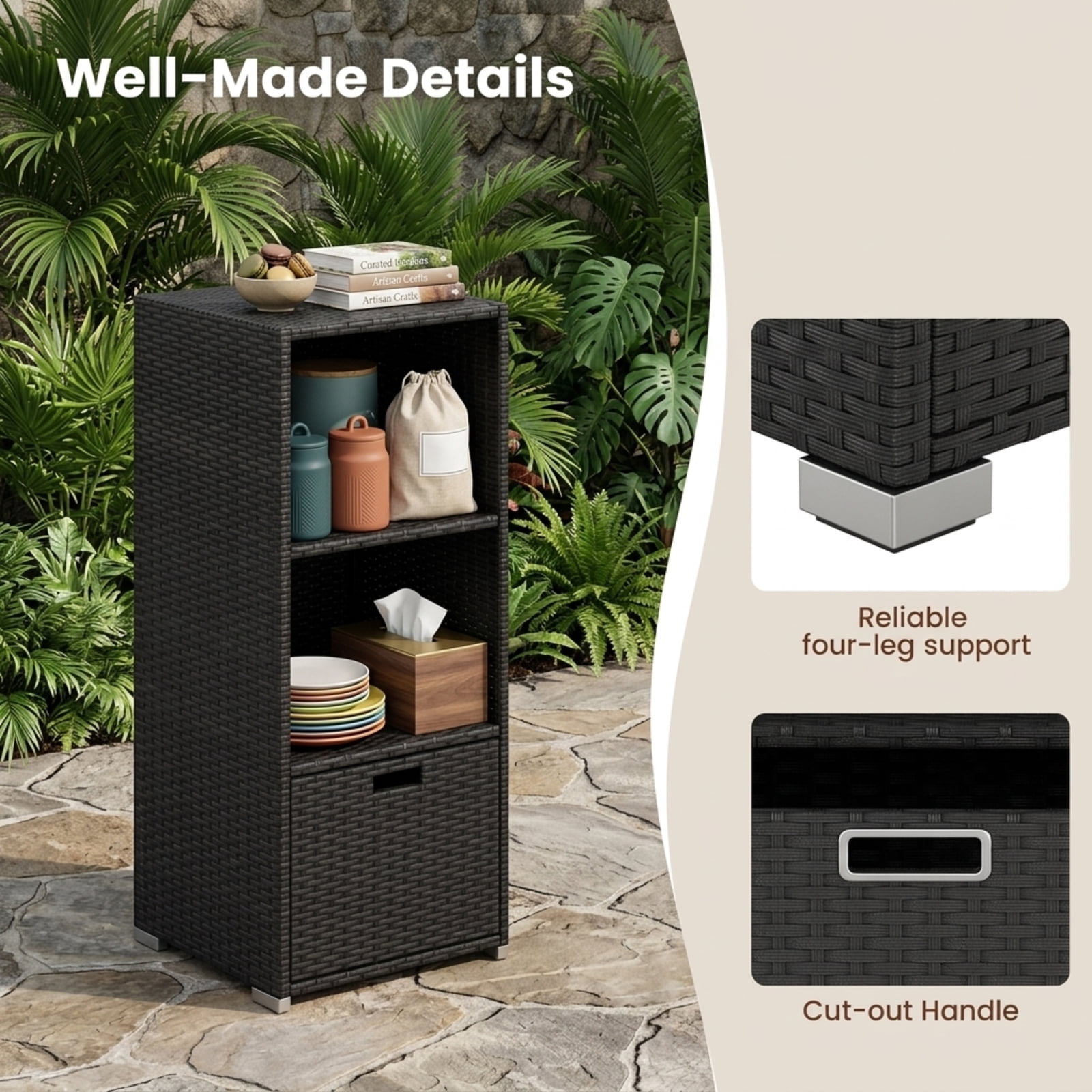 Biotree Outdoor Storage Cabinet with Drawer and 3 Shelves for Patio Porch Poolside Backyard, Mix Brown