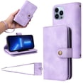 thumbnail image 1 of for iPhone 13 Pro Wallet Case, [Card Slots] PU Leather ID Credit Holder Folio Flip Kickstand Magnetic Clasp Phone Cover & Lanyard & Shoulder Strap for iPhone 13 Pro, Purple, 1 of 8