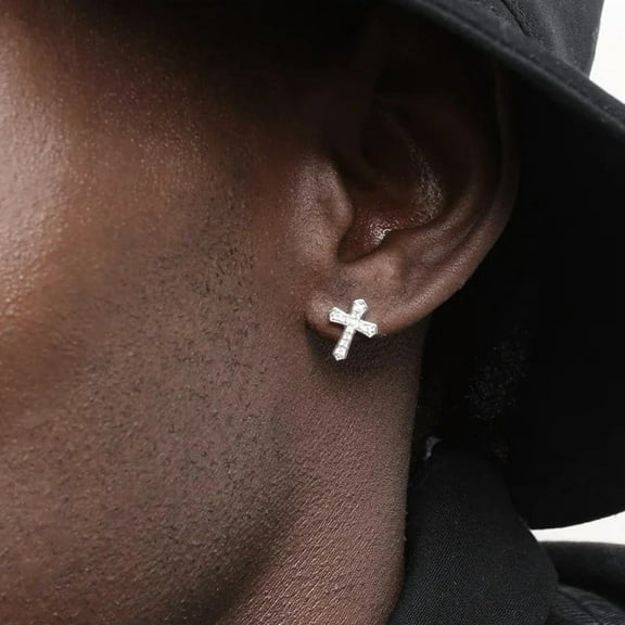 New Rhinestones Cross Earrings for Men Personality Hip-Hop Pair 14K White Gold Stud Earrings Male Women's Party Jewelry