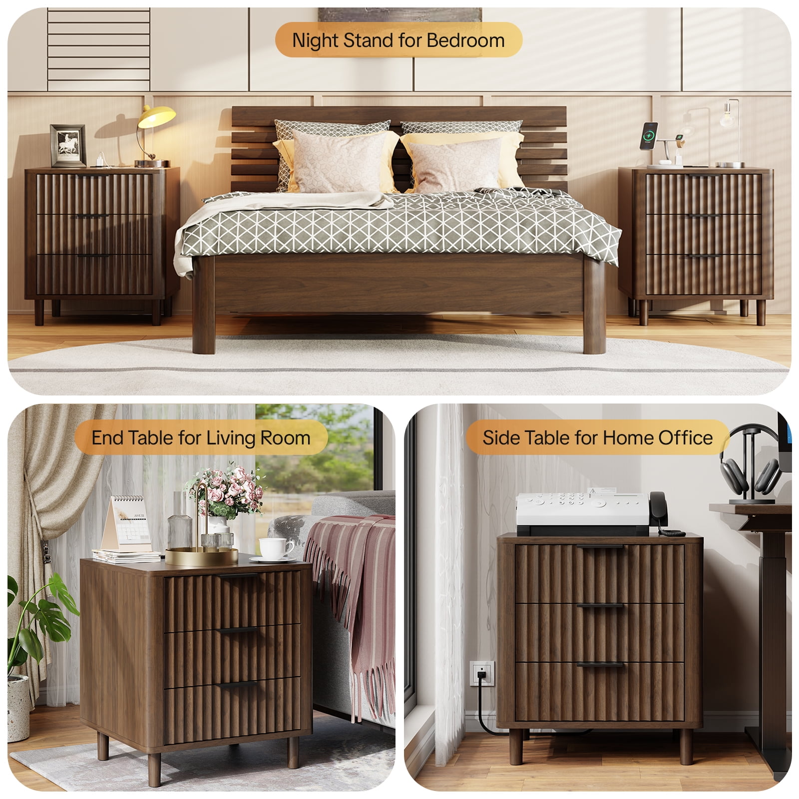 18" Wide Fluted Nightstand Set of 2 with Charging Station Modern Wood Bedside Table with 3 Drawers, Mid Century End Table for Bedroom Living Room Office, Walnut