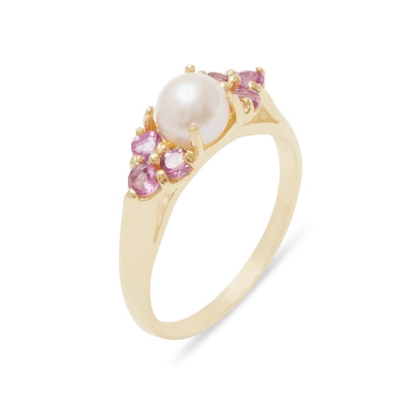 LBG British Made 14k Yellow Gold Cultured Pearl & Pink Tourmaline Womens Cluster Ring - 33 size options - Size 10