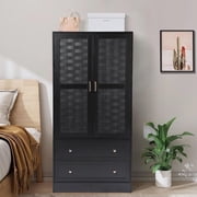 Wirrytor Freestanding Wooden Armoire Wardrobe with 2 Woven Doors and Storage Drawers, Space-Saving Closet Cabinet for Bedroom, Sturdy Mdf Board Closet with Hanging Rail