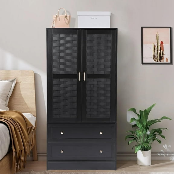 Wirrytor Armoire Wardrobe Closet with 2 Woven Doors, Wardrobe Cabinet with 2 Storage Drawers and Hanging Rail, Freestanding Wooden Closet for Bedroom(Black)