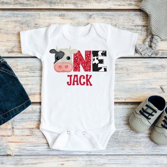 Baby Bodysuit BELLA CANVAS First Birthday Cow Shirt Or Bodysuit, Cow Birthday Shirt For Baby Boy, Barnyard 1St Birthday, Holy Cow I'M One, Farm Cow Themed Party