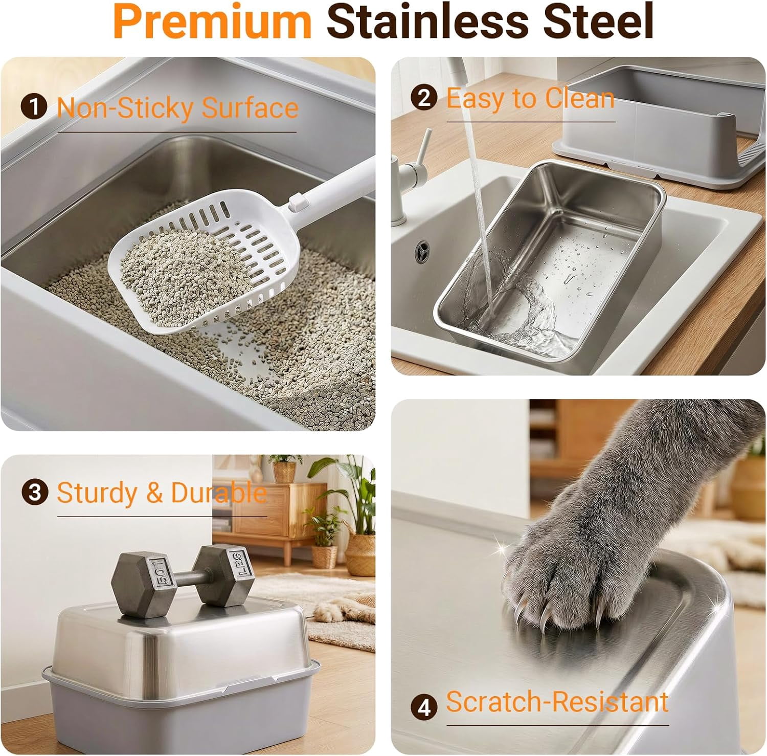 High Sided Stainless Steel Cat Litter Box, XL Extra Large Metal Litter Box for Big Cats, Non-Stick & Anti-Odor, Anti-Urine Leakage, Easy to Clean, Includes Scoop