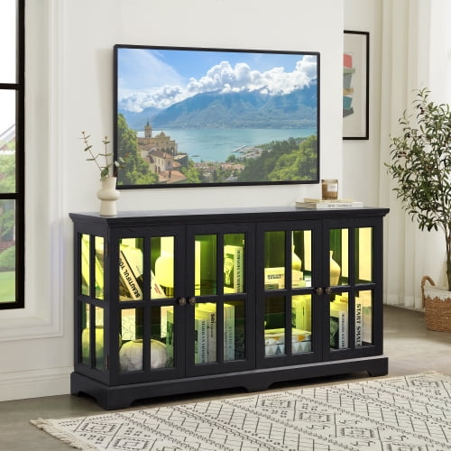 Antique Display Cabinet Black LED Bluetooth-Controlled, 4 Glass Door Curio Cabinet with Adjustable Shelves - Vintage Showcase for Collectibles, Home Office