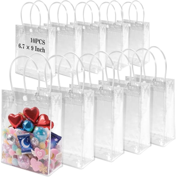 10 PCS Clear Goodie Bags with Handles - Plastic Party Favor Bag Reusable Transparent PVC Totes for Christmas Easter Valentine Wedding and Birthday(Large Size 6.7 x 9 Inch)  P
