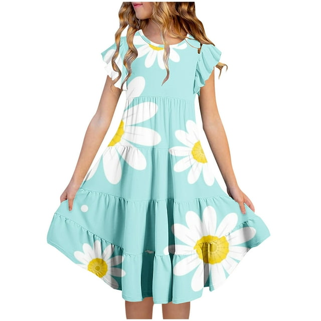 LOVZFMLL Girls' Summer Flower Print Short Sleeve Ruffled Pockets Round-Neck Printed Dress For Kids