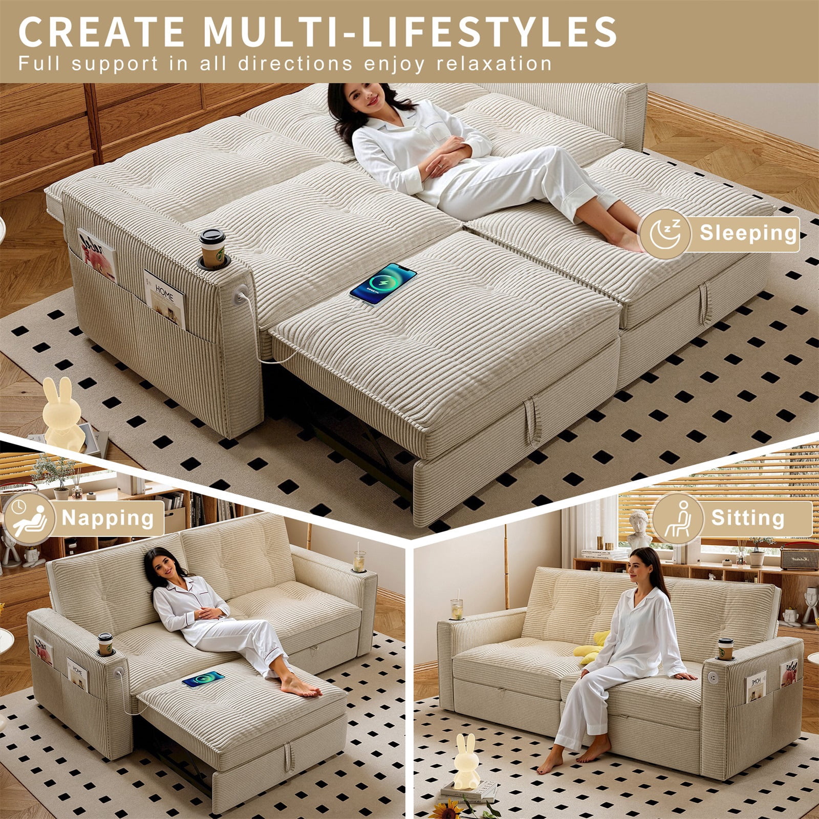 Hommoo 70" Convertible 2-in-1 Pull Out Couch Bed, Multi-Functional Corduroy Loveseat Sleeper Sofa Bed, White