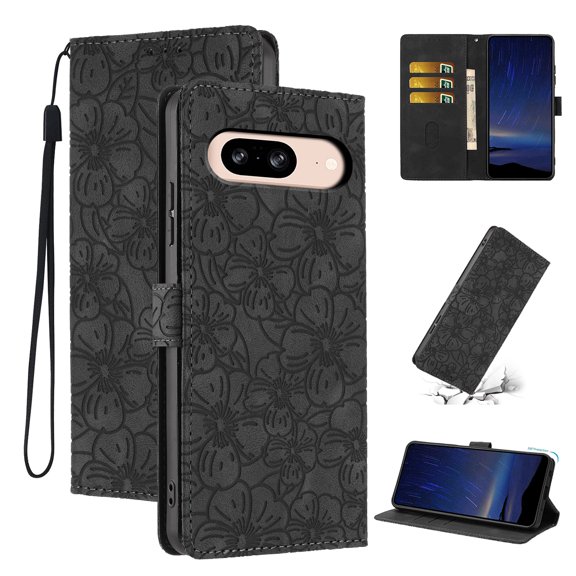 Wallet Case for Google Pixel 8, Embossed PU Leather Magnetic Clasp Flip Purse Case with Credit Card Holder & Cash Slot & Stand, Flower Pattern Cover for Google Pixel 8, Black