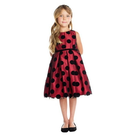 Flocked Dot Dress - Big Girls Red Black Polka Dot Flocked Mesh Christmas Dress 7-16