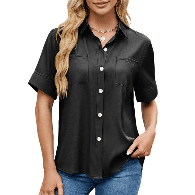 Womens Button Down Shirt Casual Short Sleeve Collared Work Blouse with Pocket