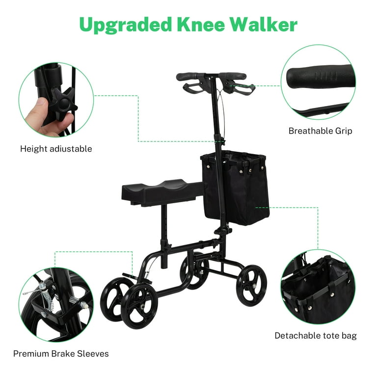 Folding Knee Scooter Steerable Leg Walker with Storage Bag and Dual Braking System Crutch Alternative for Foot Injuries Ankles Surgery Black