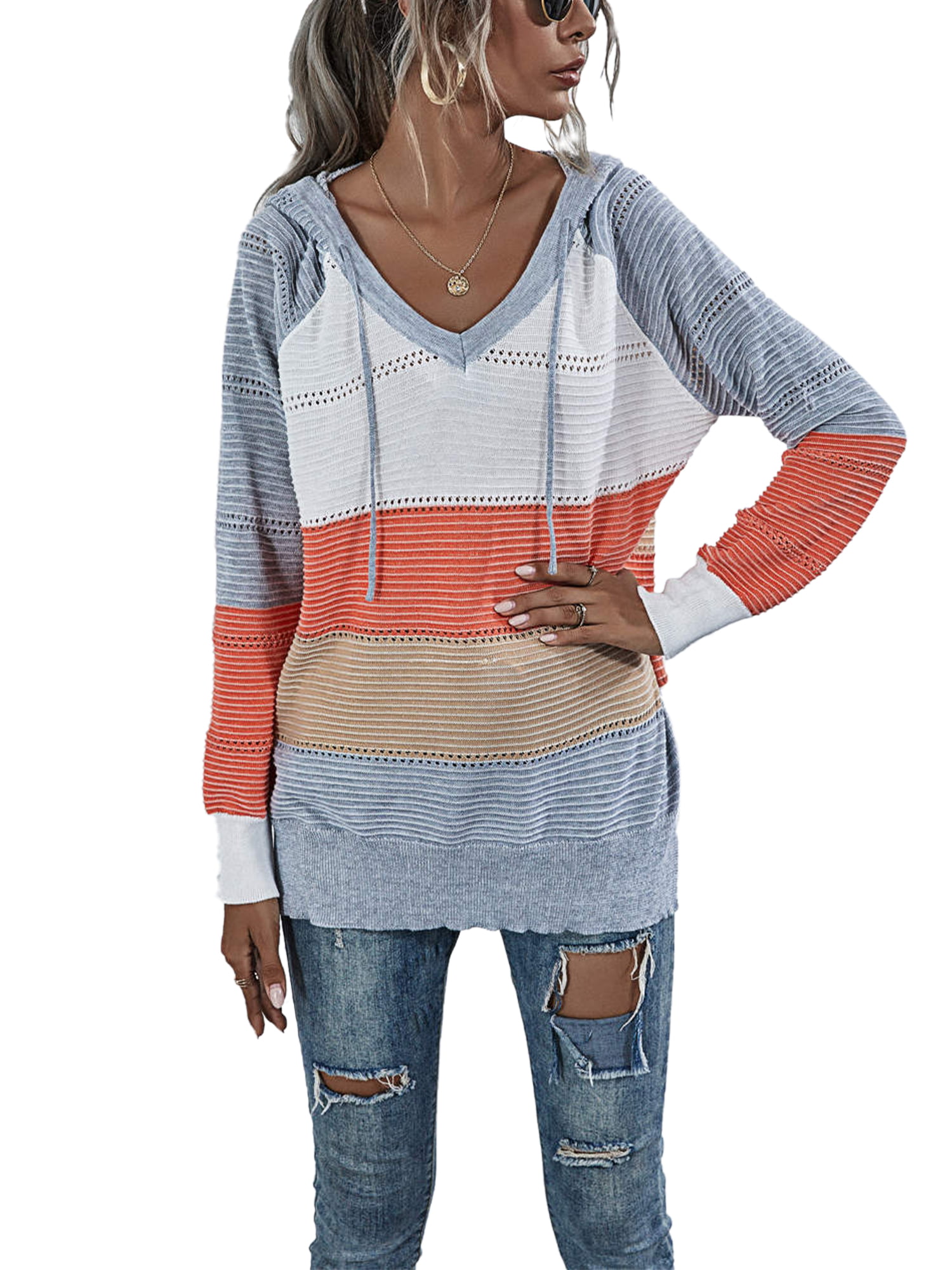 Casual Knitted Striped Hoodies Sweatshirt For Women Long Sleeve ...