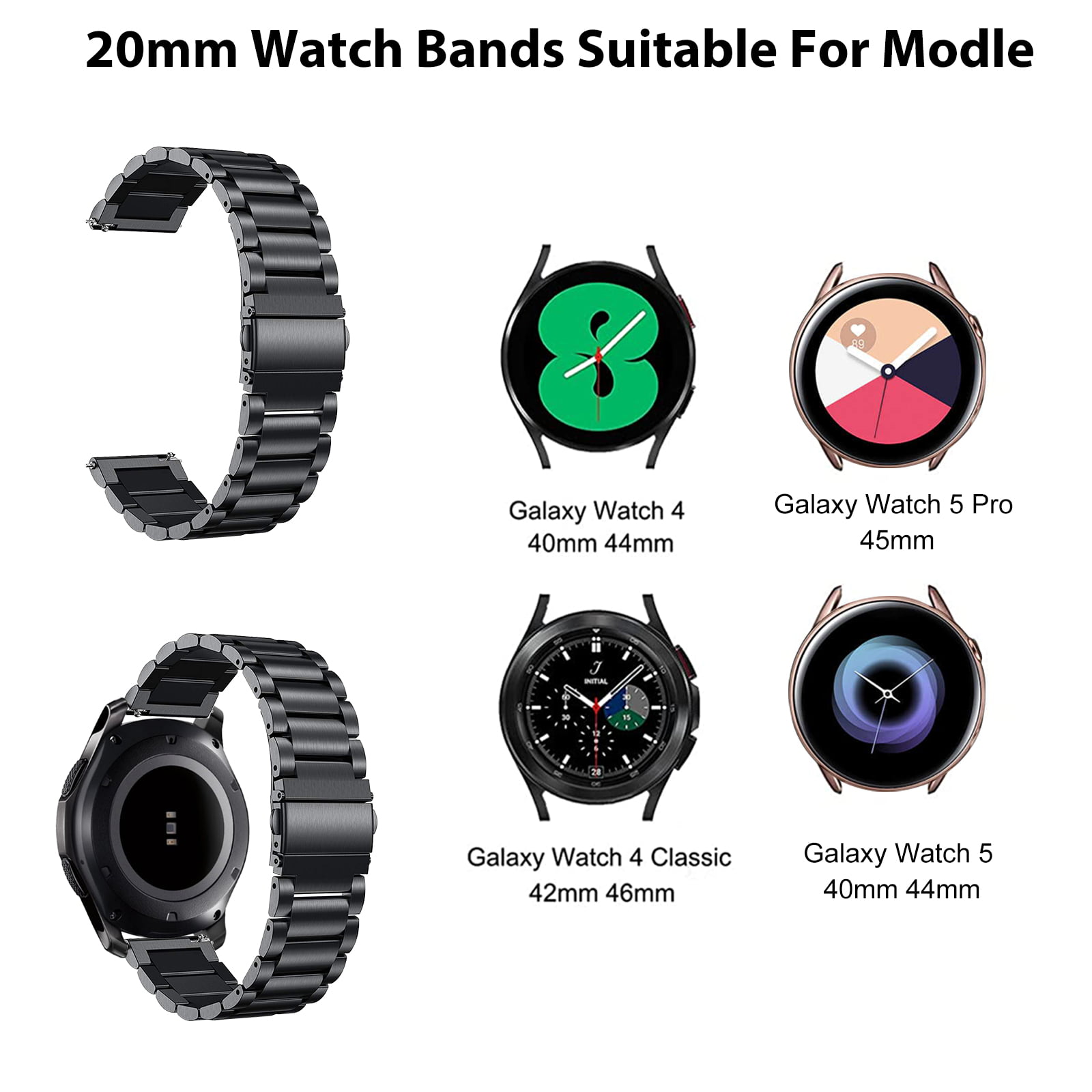 LDFAS Compatible for Samsung Galaxy Watch 5 Pro 45mm/4 Classic 42mm 46mm  Bands, No Gaps 20mm Stainless Steel Metal Watch Strap Compatible for  Samsung Galaxy Watch 5/4 40mm/44mm Band, Black : : Electronics