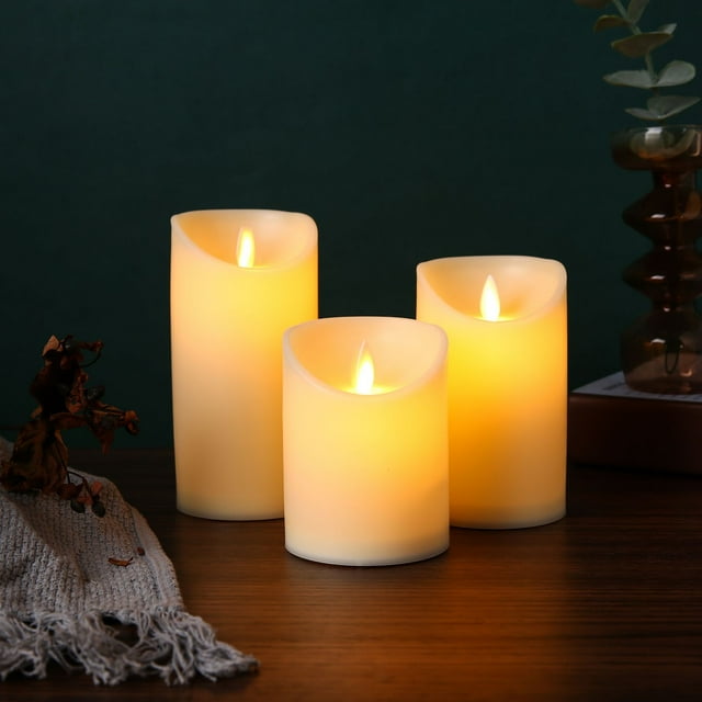 Velas de batería LED parpadeantes sin llama: juego de 3 luces de imitación falsas operadas por pilares de cera real de marfil con control remoto y temporizador