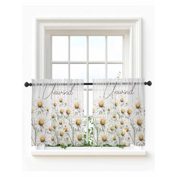 White Spring Floral Tier Curtains 24 Inch Length,Sheer Curtains for Bedroom Living Room,Watercolor Daisy Vintage Flower Rod Pocket Voile Drapes Kitchen Curtains Small Half Window 27.5"x24" 2 Panels