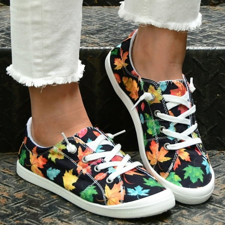 

Ykohkofe Ladies Maple Leaf Pumpkin Pattern Slip On Casual Shoes Low Top Shoes Soft Sole Massage Flat Sneakers Fashion Casual