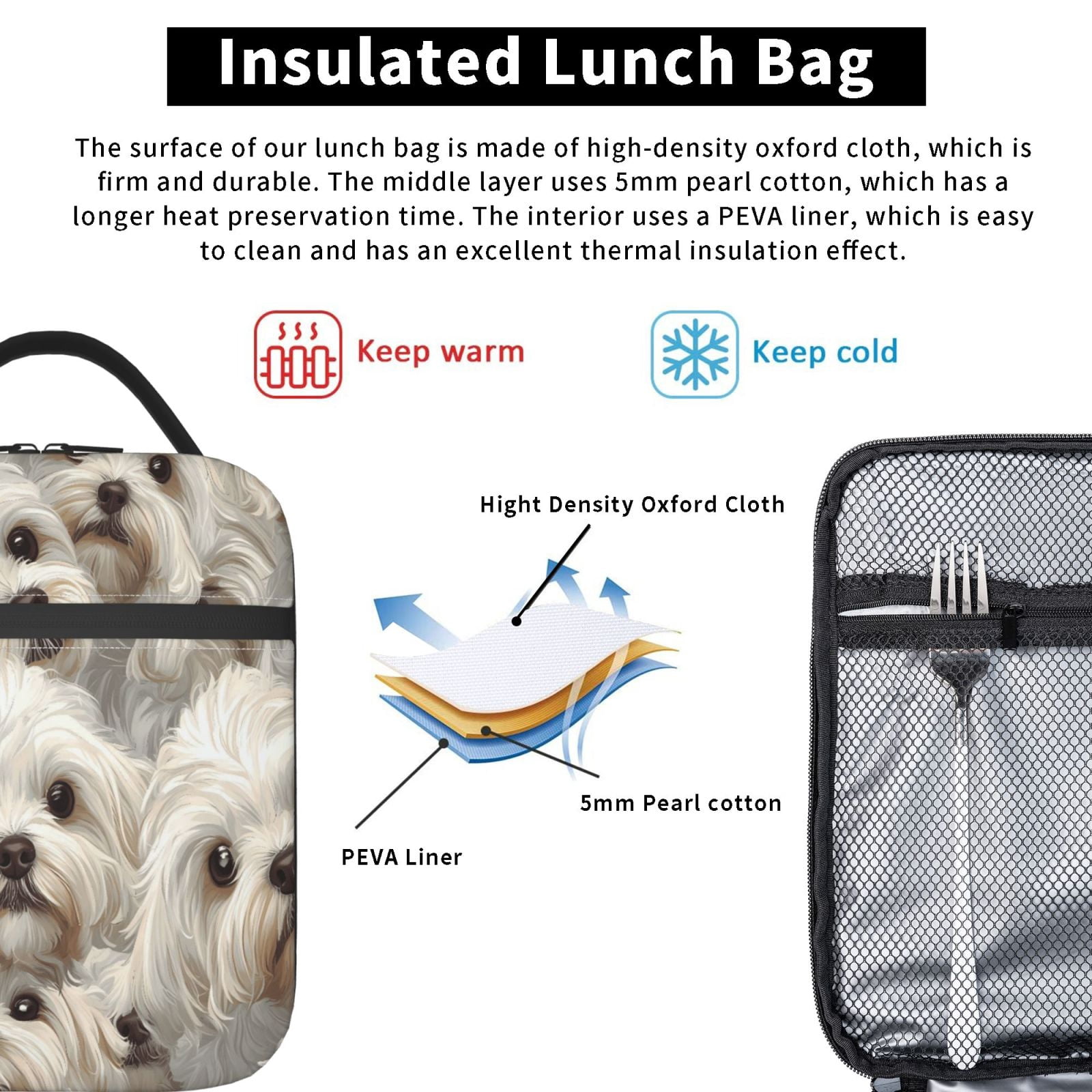 Lunch Bag For Women Men Insulated Portable Lunch Box Bento Box Office Picnic Travel Cooler Bag Cute Puppy
