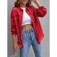 thumbnail image 1 of SEARIPE Women‘s Casual Denim Jacket Frayed Hem Ripped Long Sleeve Jean Jacket With Pockets Pink M, 1 of 5