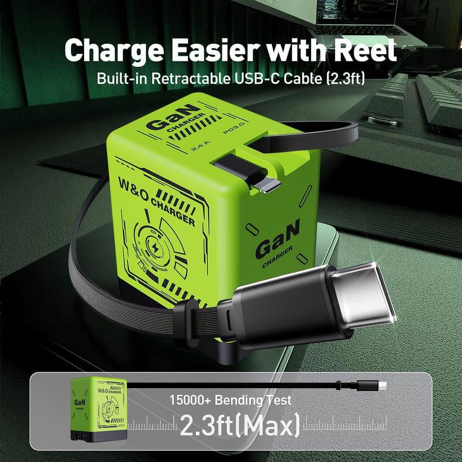 W&O 2-in-1 GaN  Compatible with 120W Fast Charger with Retractable Type-C and ligtning Cable | Portable Adapter for iPhone 16, iPad, MacBook,  Multi-Device Fast Charging, Folding Charing