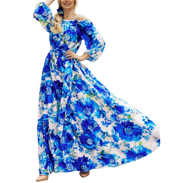 Sunloudy Vestido de manga larga casual para mujer, estampado a la moda, cuello de barco, vestido largo con cinturón Sunloudy moda