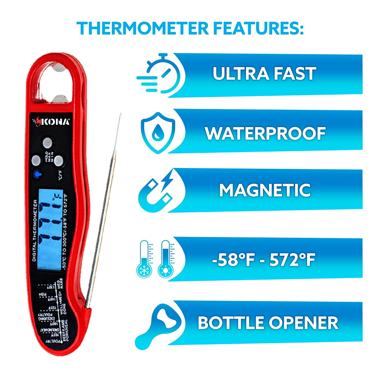 Kona Instant Read Meat Thermometer - Folding Waterproof  Thermometer with Backlight & Calibration