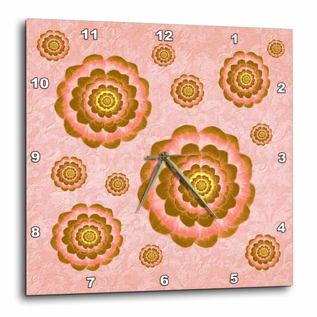 3drose, Gold and Salmon Fantasy Mandala Flower on Peach Pink Damask Background, 10x10 Wall Clock