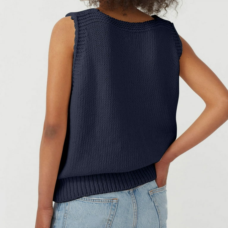Wyongtao Sweater Vest for Women Solid Color Sleeveless Deep V Neck Knit  Crop Top Sweater Vest Casual Ribbed Preppy Pullover Tops Dark Blue XL