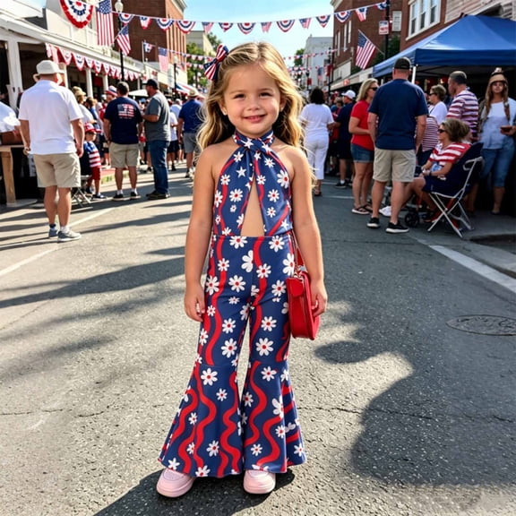 Girls Jumpsuit Independence Day Graphic Print Halter Sleeveless Cutout Ruffle Jumpsuit for Everyday Wear Rompers for Girls Blue 18 Months-24 Months