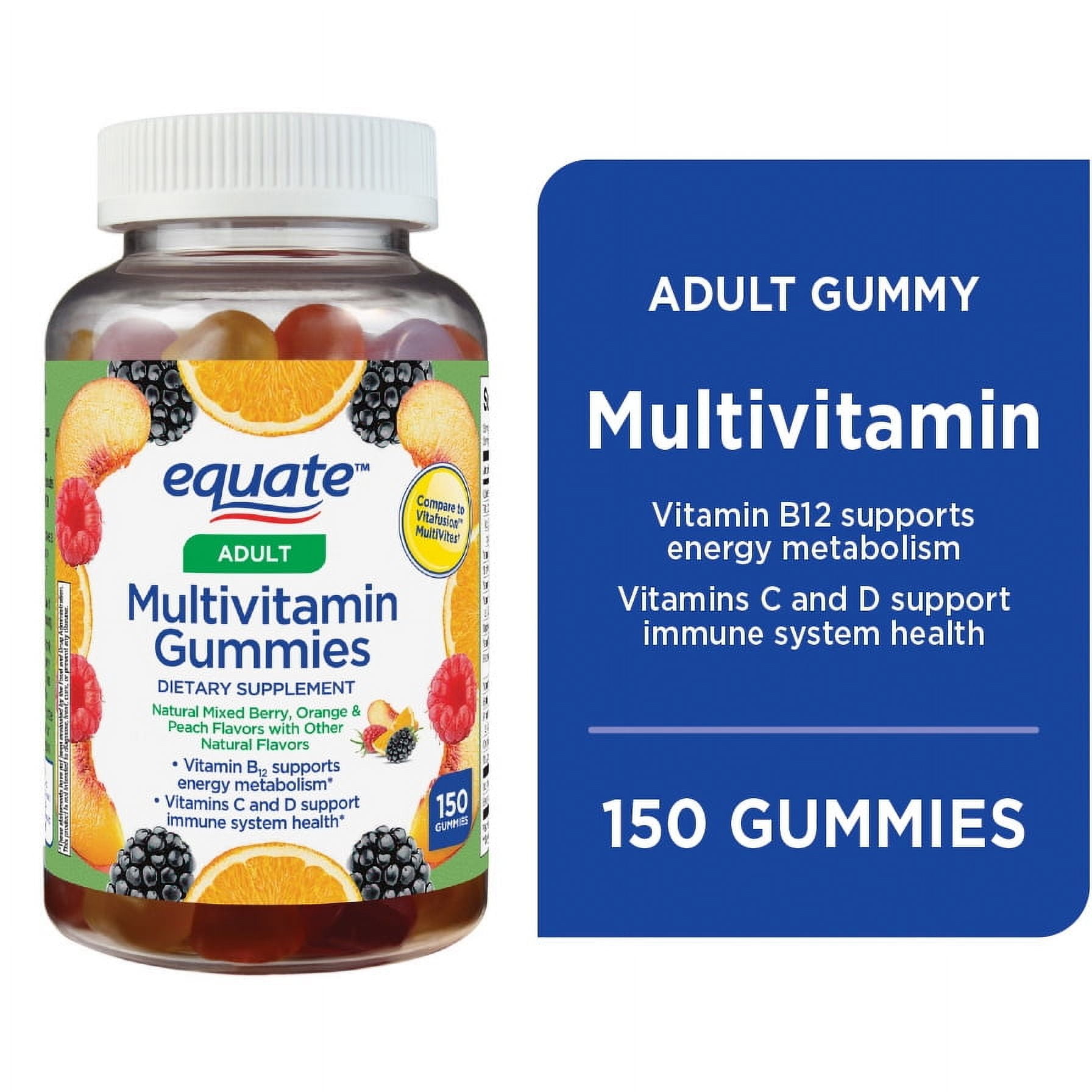 Equate Multivitamin Gummies for Immune Support, Mixed Berry Orange and Peach, 150 Count, Compare to Vitafusion MultiVites