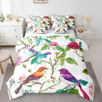 Manfei Teens Animal Birds 7 Pieces Bedding Comforter Set,Chic Flowers Full Bedding Set Lightweight,Botanical Plants Fitted Sheet Flat Sheet,Ultra Soft Home Decor,Reversible