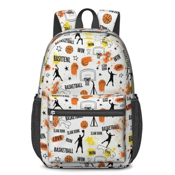 Basketball and Star White Pattern 17" Waterproof Oxford School Backpacks for Teens, S-Shape Padded Straps, for School, Travel, Hiking, Camping