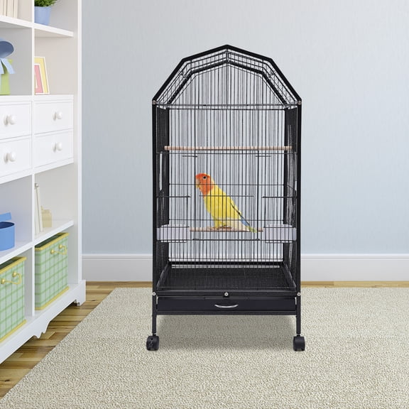 Black Iron Parakeet Bird Cage with Stand, Metal Panorama Pet Bird Flight Cages