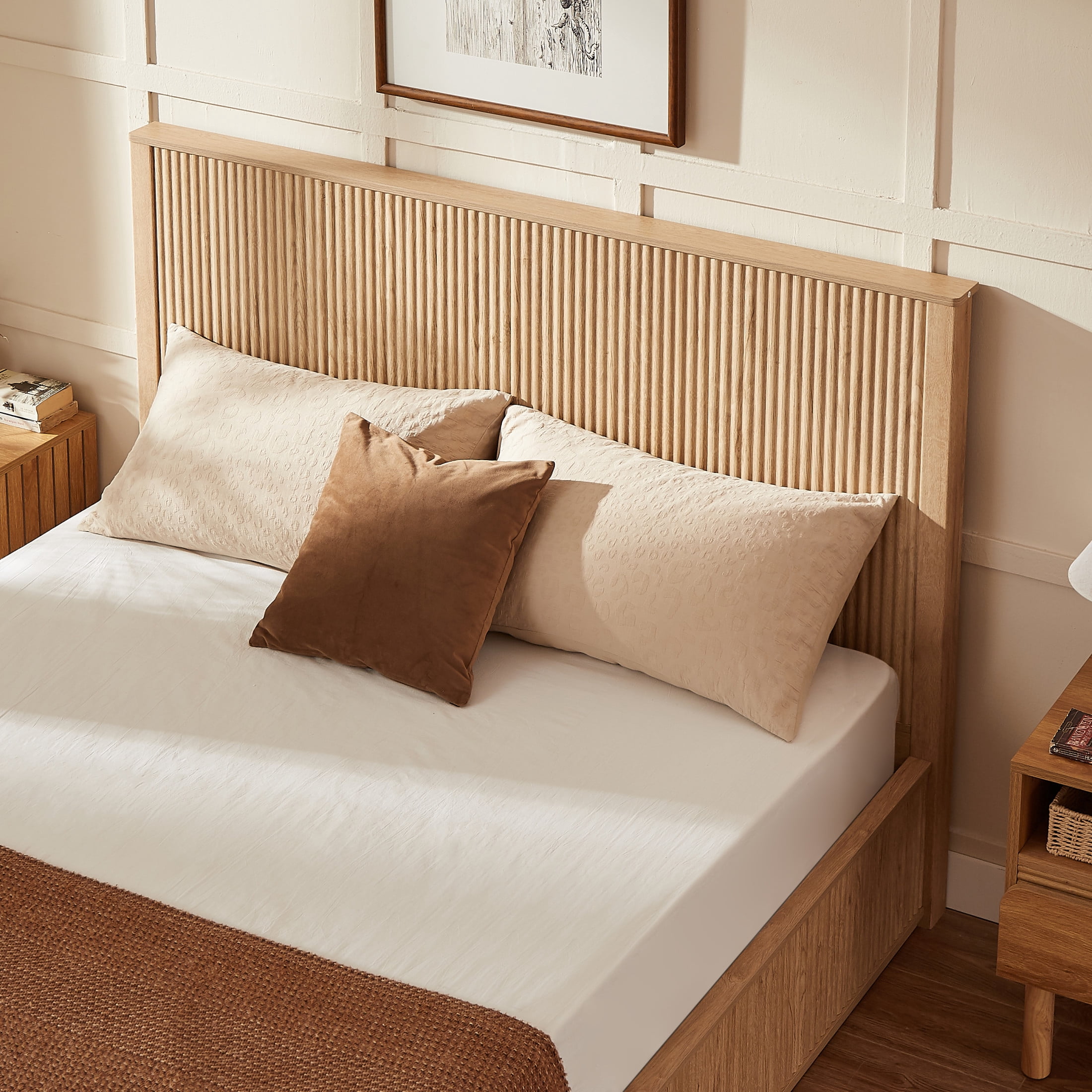 Noble House Queen Platform Bed Frame with 44.49" Flat Fluted Headboard, Wood Slat Support, Oak