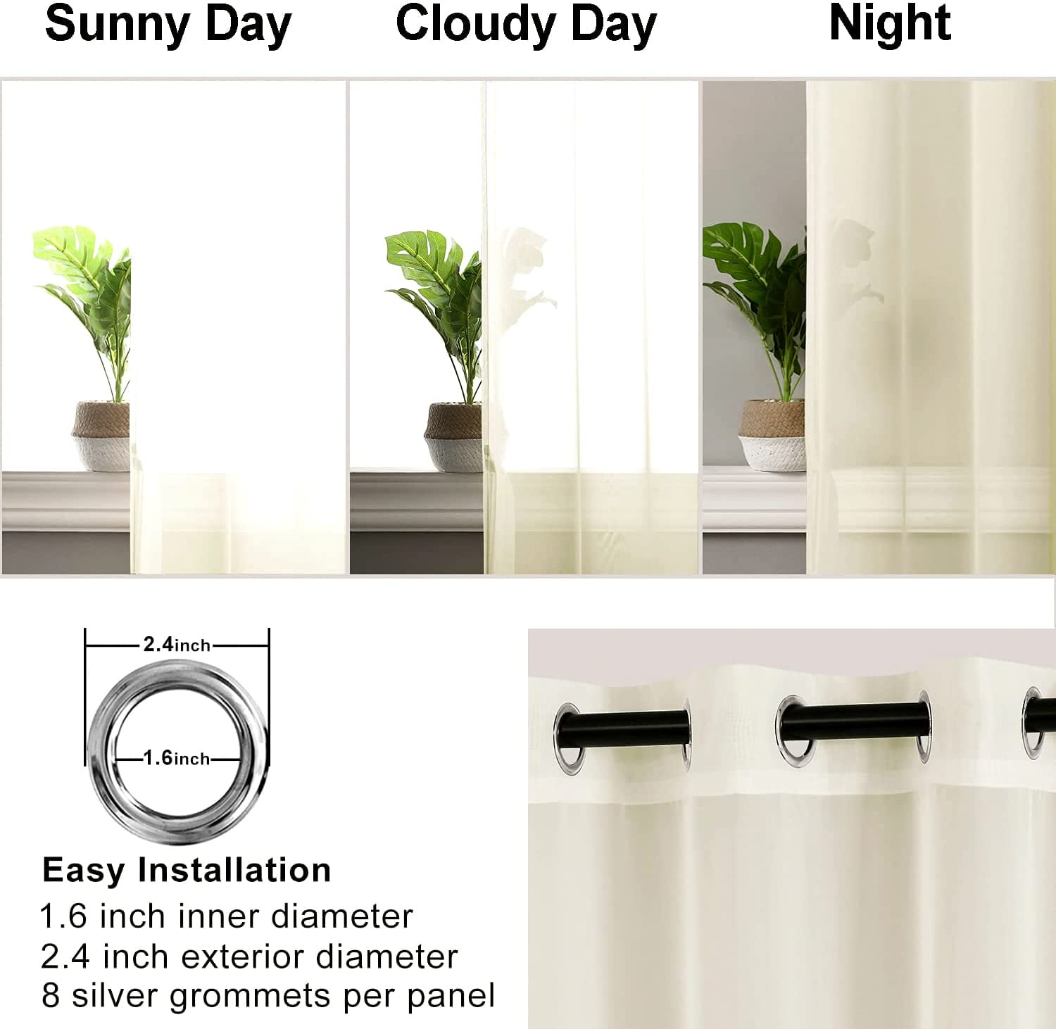 Hiasan Ivory Sheer Curtains with Tiebacks-Light Filtering Contemporary Window Drapes for Living Room, Bedroom, Grommet, 52" x 90", Set of 2