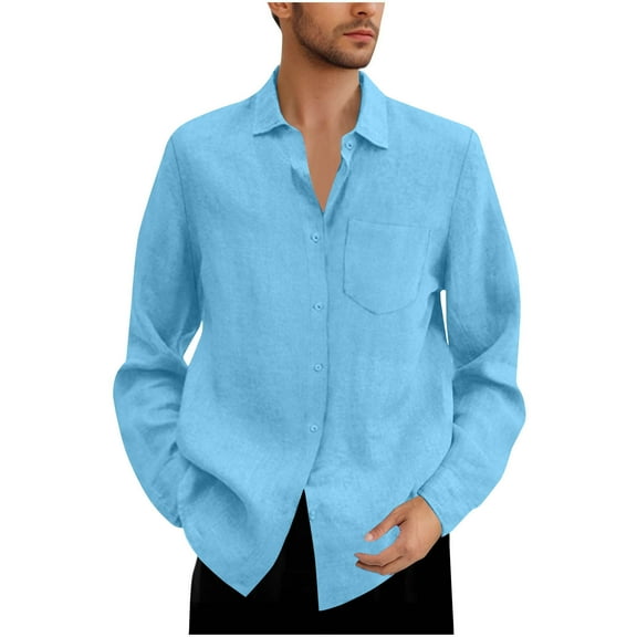 Bpmpbo Mens Big and Tall Cotton Linen Shirts Casual Button Down Lapel Dress Shirts Solid Color Long Sleeve Work Tops 2025 Fall Blouses Prime Sales