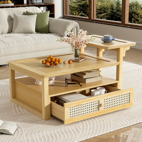 FFZ U-Can Modern Coffee Table, Coffee Table with 1 Storage Shelf, 2 Tabletops and 1 Rattan Drawer For Living Room