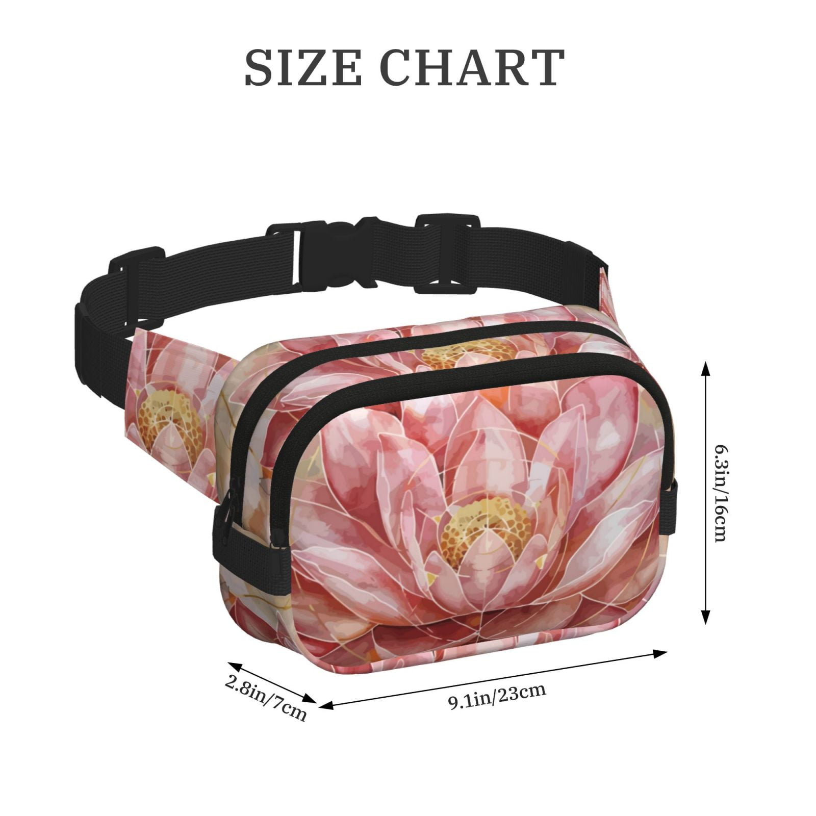 Picia Pink Lotus Print Square Double-Layer Waist Bag Mini Adjustable Waist Belt Bag Exercise Running Travel Hiking