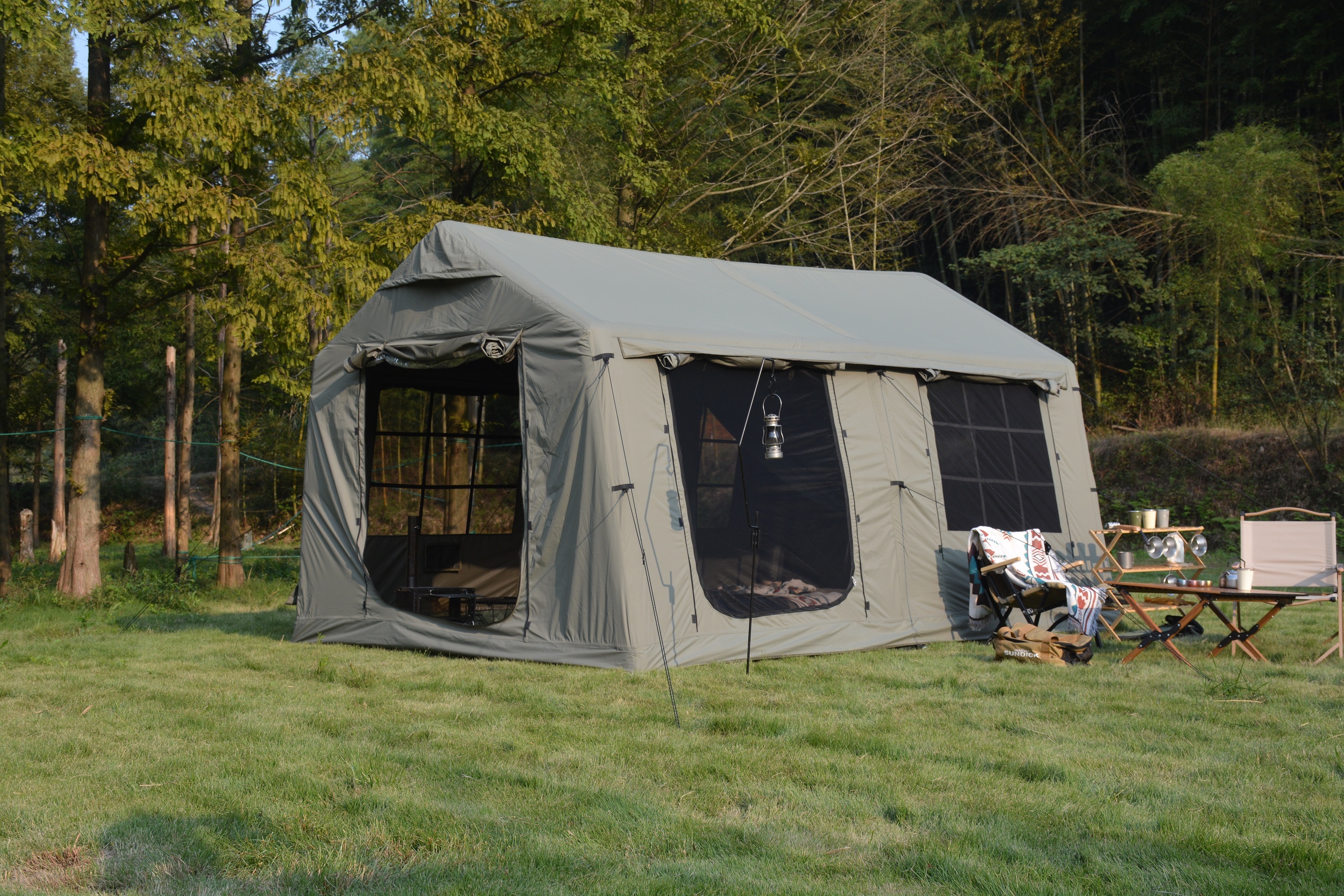 Homefun 10x13ft Inflatable Camping Tent Canopy All Weather Airbeam Glamping Instant Setup Waterproof Windproof Hand Pump Army Green