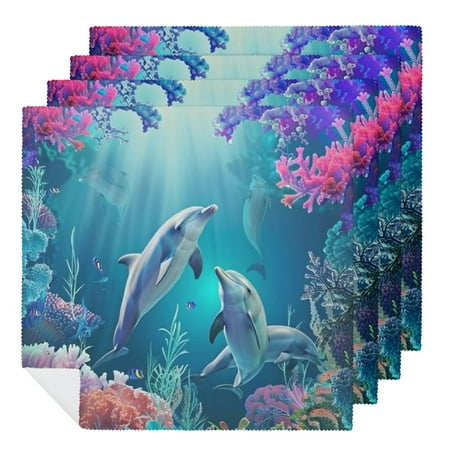 

QCPP Lmorey The Underwater World with Dolphins and Plants Cloth Napkins Polyester Gift for Farmhouse Party Dining Table Decor Kitchen 4 PCS