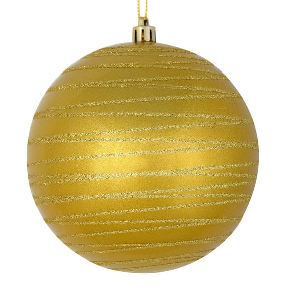 Vickerman 4" Gold Candy Finish Ball Ornament with Glitter Lines, 4 per Bag
