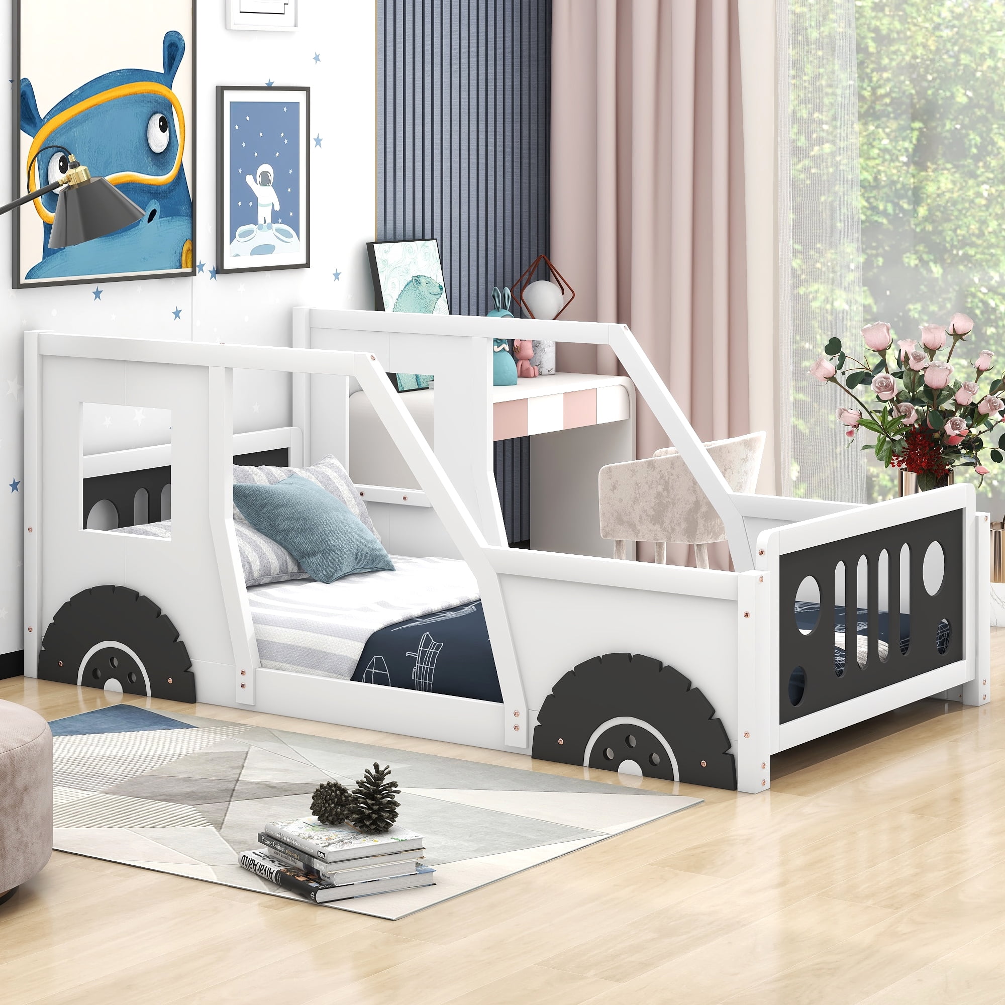 Euroco Car-Shaped Twin Size Platform Bed for Kids’ Bedroom, Solid Car Bed for Gift,Low Profile,White