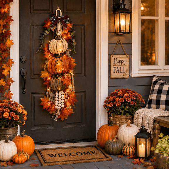 Pumpkin Door Hanger Fall Door Decor With Rustic Wooden Pumpkins And Warm LED Lights For Halloween Front Door Decoration