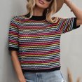 thumbnail image 3 of Women Hollow out Knitted Sweater Striped Contrast Color Half Sleeve, 3 of 8