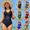 thumbnail image 4 of Women V Neck One Piece Swimsuit Wrapped Mesh Tummy Control Bathing Suit with Spaghetti Straps, 4 of 4