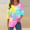 thumbnail image 2 of Crunowin 3/4 Length Sleeve Womens Tops, Round Neck Casual Tunic Tops Floral Print Tees Blouses Dressy T-Shirts Pleated Shirts Pink L, 2 of 5